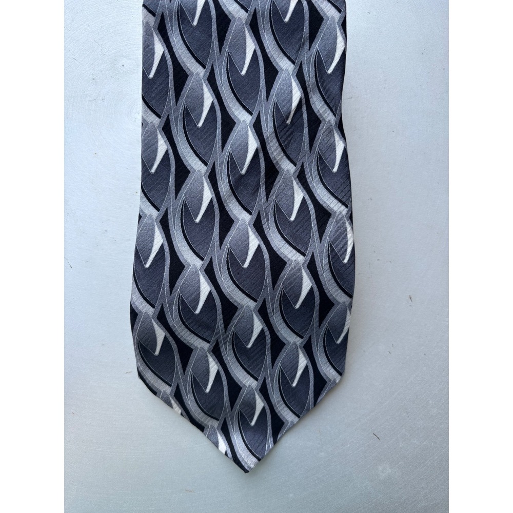 Puritan Mens Silk Necktie Black Grey Silver Geometric Abstract Pattern USA Made